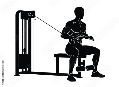 Detailed silhouette of a muscular man performing a seated cable row, emphasizing back and arm muscle engagement during workout.