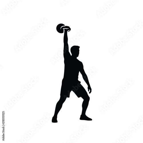 Dynamic silhouette of a man performing a kettlebell overhead press, demonstrating functional strength and shoulder stability.