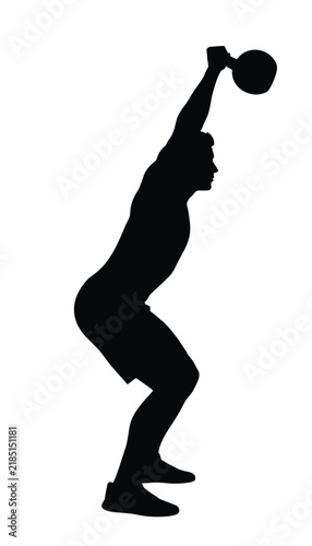 Dynamic silhouette of a man performing a kettlebell snatch, showcasing explosive power and full-body coordination in functional training.