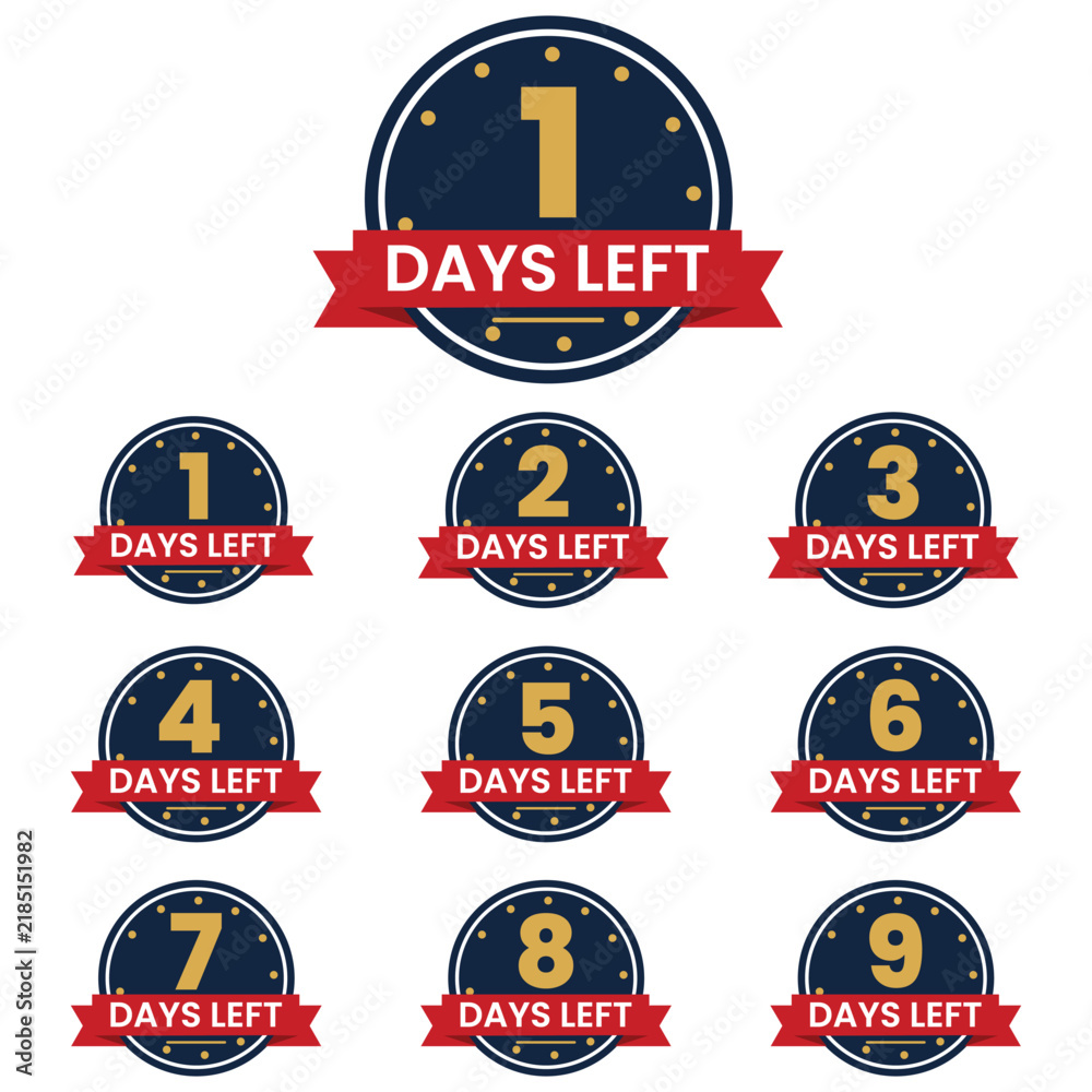 Fototapeta premium Countdown Timer Icons, Days Left Badges, 1-9 Number Graphics, Sale Promotion Elements, Event Reminder Vector Set