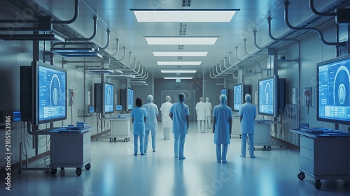 Abstract hospital scene with indistinct figures of medical professionals, bright screens, and equipment arranged along a corridor, creating a sense of activity and clinical efficiency. 
