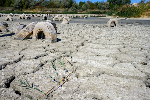 Принти на полотні A dry, cracked earth landscape is scattered with old tires partially buried in the ground