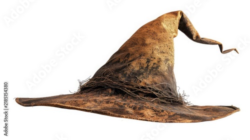 Old rustic brown witch hat isolated on white background for Halloween costume design
