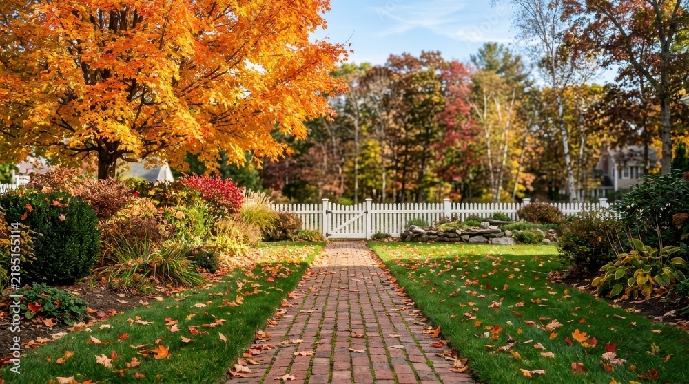 Obraz premium Charming garden walkway lined with autumn leaves and fall trees in residential park.