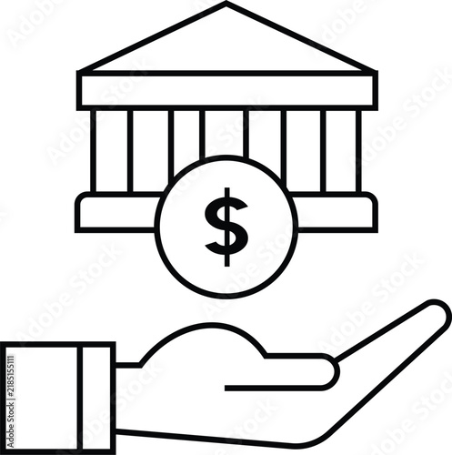 Bank loan and investment vector icon with hand holding money coin and bank building in outline style EPS