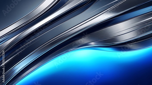 Metallic chrome waves with blue glowing light background for high tech futuristic design applications.