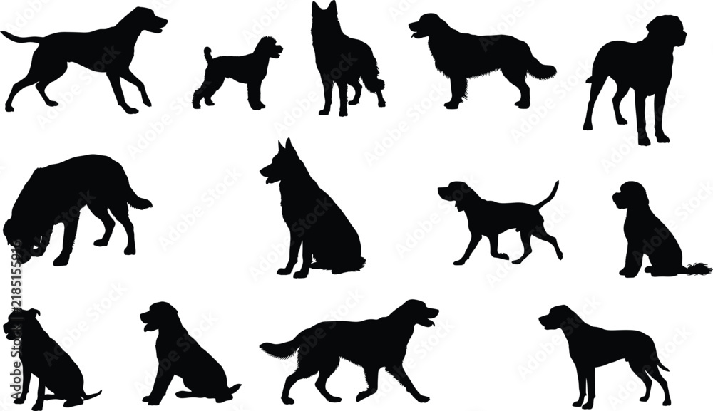 Fototapeta premium Collection of Diverse Dog Silhouettes in Different Standing and Sitting Poses Isolated on White Background
