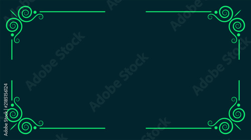 Bright green decorative filigree corner border with vintage swirls on dark background