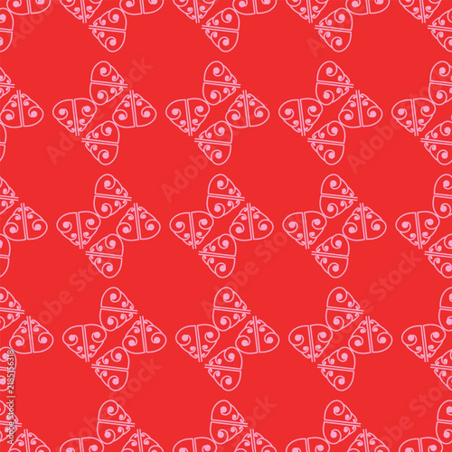 Vibrant vector illustration of a seamless pattern with white line art butterflies in a kaleidoscope grid layout. Folk geometric design for romantic modern retro wallpaper and Valentine prints.