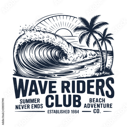 Photography Vintage surfing emblem featuring a crashing ocean wave and palm trees