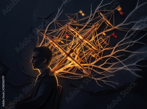 Neuroscience Brain Network with Human Silhouette and Glowing Threads