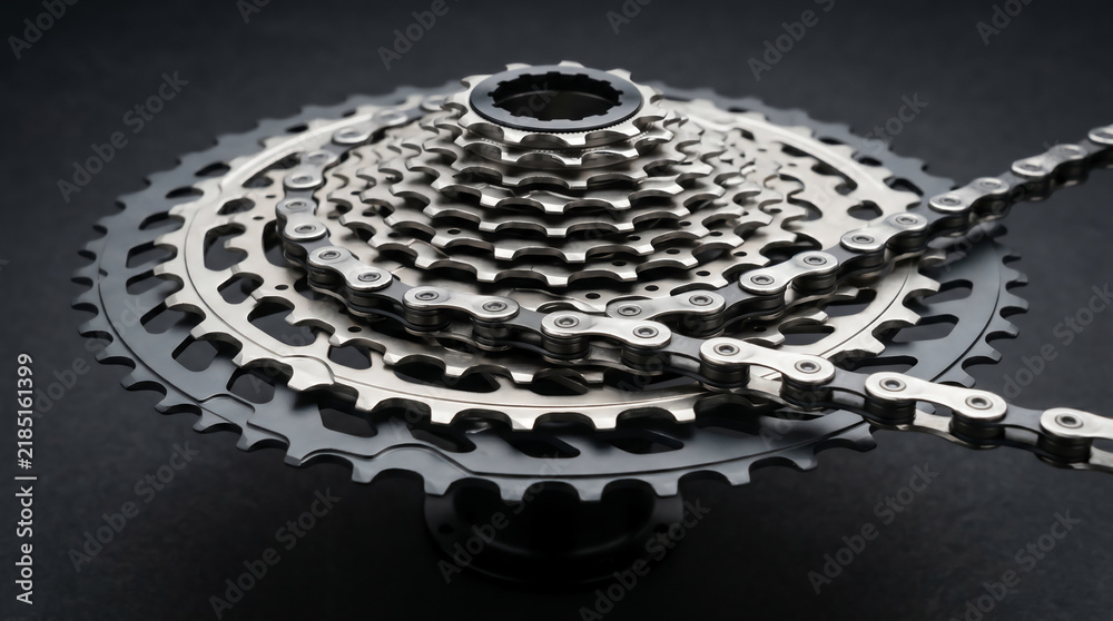 Obraz premium Close Up of Metallic Bicycle Gear Cassette and Chain on Dark Background