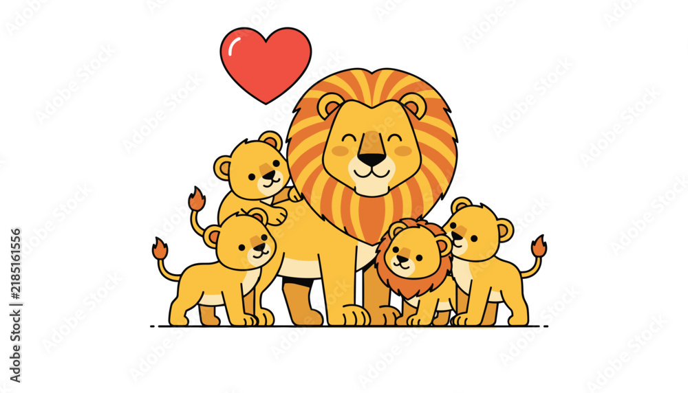 Obraz premium Proud lion father surrounded by four cute and happy lion cubs with a large red heart floating above their family group on a white background area.