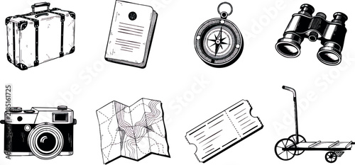 Vintage travel transportation vector set containing eight separate isolated objects: classic suitcase, generic passport booklet, antique compass, vintage binoculars, retro travel camera, folded road 