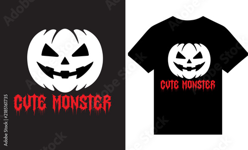Cute Monster Pumpkin Halloween T-Shirt Design with Spooky Red Typography EPS Vector