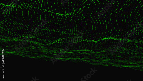 Abstract green digital data flow background formed by glowing light particles on dark with technology particles background abstract