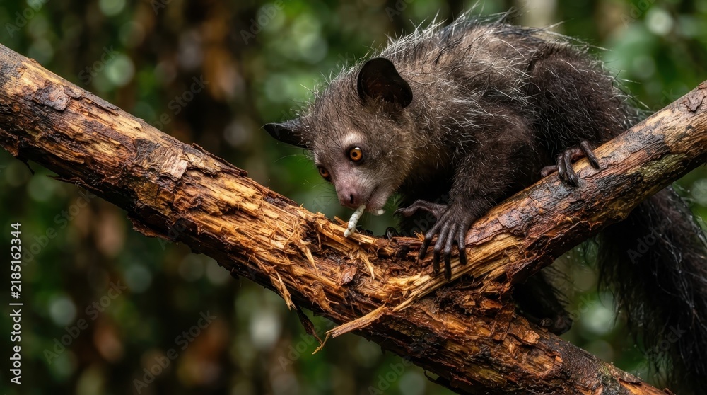Obraz premium Aye-aye Lemur on a Branch: A rare aye-aye lemur with its distinctive long finger and large eyes clings to a tree branch in its natural forest habitat, foraging for insects.