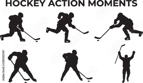 Photography Dynamic Hockey Athlete Silhouette Set with Puck and Stick for Sports Design