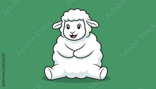 Adorable fluffy white sheep sitting comfortably and smiling warmly with its front legs folded on a soft green background for kids and nursery.