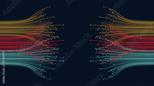 Colorful data lines spread from both sides on a dark technology background. Useful for network, transfer, speed, and digital innovation concepts.