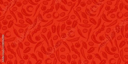 Monochrome chili pepper seamless pattern featuring assorted pepper silhouettes, ideal for textiles, packaging, wrapping paper, kitchen decor, and food themed designs.