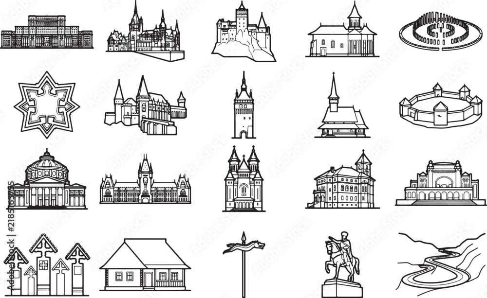 Fototapeta premium A collection of various architectural landmarks and historical buildings in an illustrative, hand-drawn style, showcasing a range of structures from castles to churches and monuments.