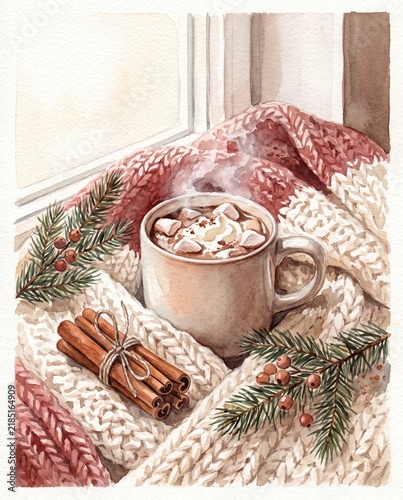 Cozy winter watercolor still life with steaming mug of hot chocolate, marshmallow and whipped cream on knitted blanket, cinnamon sticks and fir branches. Christmas hygge comfort drink concept.