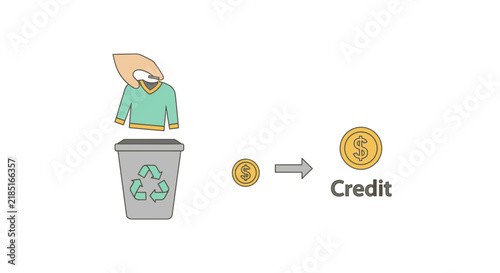 Clothes Recycling for Store Credit Illustration. Hand placing a sweater into a recycle bin with a coin growing into a larger credit representing a circular economy.