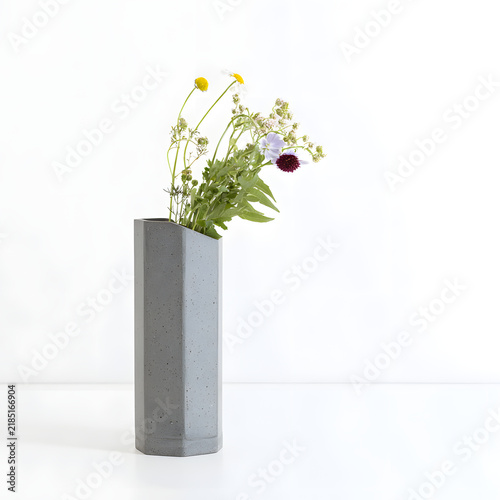 Modern Gray Concrete Vase with Wildflowers 