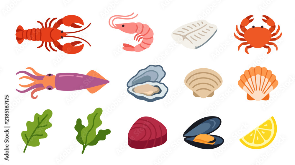 Obraz premium Set of fresh seafood illustrations including lobster shrimp crab squid and shellfish.