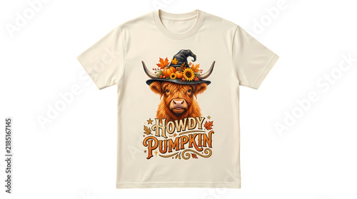 Highland cow wears witch hat with pumpkins sunflowers autumn leaves howdy pumpkin t shirt.