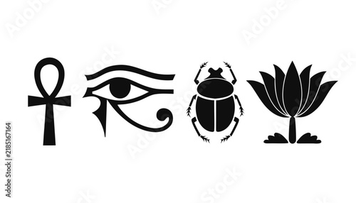 Black and white egyptian symbols featuring ankh eye of horus beetle and lotus flower on white background .