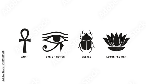 Black and white egyptian symbols featuring ankh eye of horus beetle and lotus flower on white background .