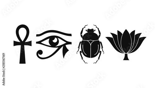 Black and white egyptian symbols featuring ankh eye of horus beetle and lotus flower on white background .