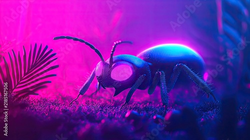 Close up of a glowing insect creature in a vibrant neon jungle environment