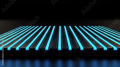 Illuminated parallel metallic bars create an abstract digital stage or platform