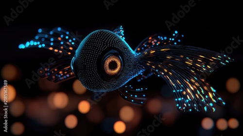 Digital creature constructed from glowing particles swims through dark space with bokeh lights