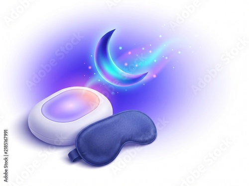Sleep mask and smart sleep device with glowing crescent moon. Relaxing night rest and healthy sleep aid concept. Insomnia relief and restful bedtime routine for wellness and self-care.