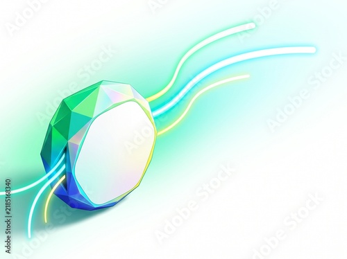 Abstract low poly crystal ring with glowing airflow streams. Fresh wind and cooling concept for climate adaptation and heat resilient city