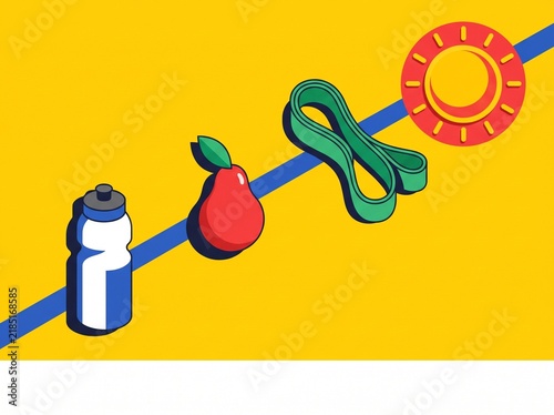 Flat illustration of water bottle, red pear and green resistance band with sun on yellow background. Healthy summer lifestyle, hydration, fitness and heat safety