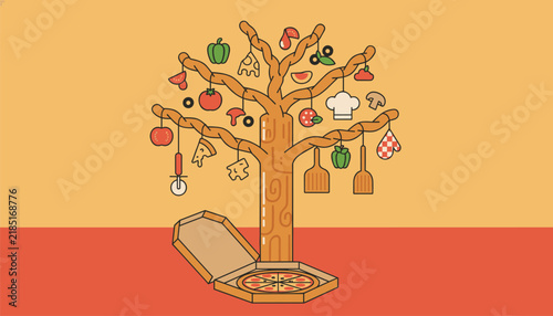 Whimsical pizza tree illustration showing various ingredients like peppers and mushrooms hanging from branches above an open pizza box.