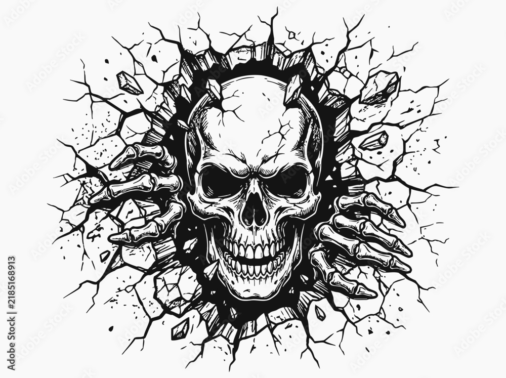 Fototapeta premium Detailed skull breaking through a cracked wall with skeletal hands. Black and white vector illustration for dark gothic and horror apparel.