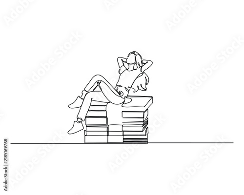 Woman Relaxing on a Stack of Books Illustrated with a Continuous Line Drawing Symbolizing Education and Leisure
