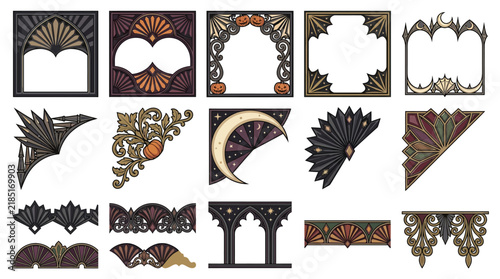 Gothic art deco frames and borders, 15 vintage ornamental vector elements, dark celestial filigree corners and dividers isolated on White Background Halloween