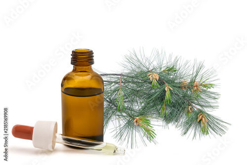 Arolla pine Pinus cembra herbal extract in dropper bottle isolated on white background