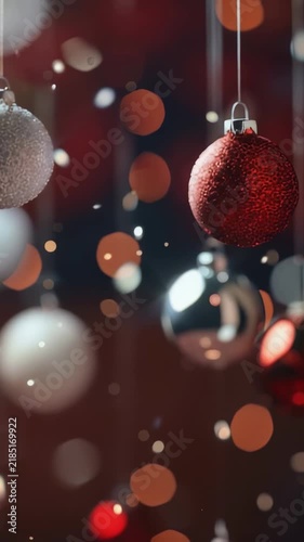 This image showcases a collection of festive red, silver, and white hanging ornaments, creating a warm and inviting atmosphere. The soft-focus bokeh adds a touch of magical holiday charm.