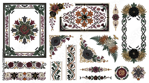 Gothic floral frames and borders set, dark academia botanical ornaments, vintage victorian rose and moon vector elements isolated on White Background Halloween
