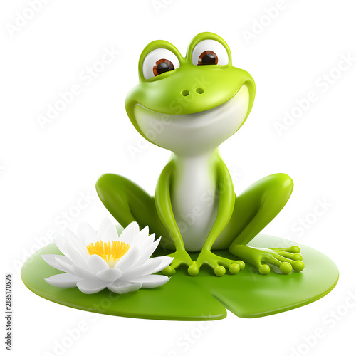 Happy Cartoon Amphibian Character and Water Lily Isolated on White