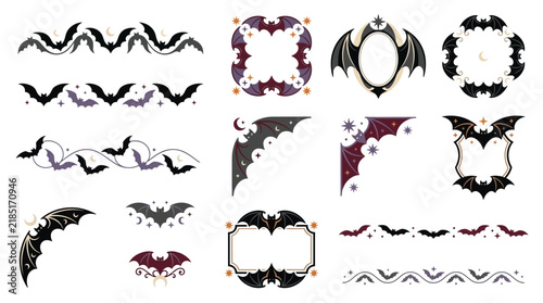 Gothic Halloween bat borders and frames set, spooky celestial decorative dividers, mystical bat wing vector elements isolated on White Background Halloween