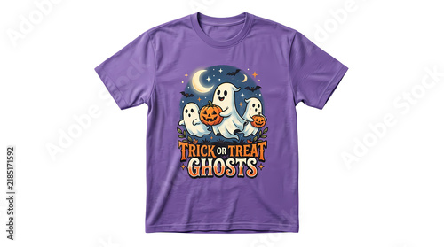 Three ghosts trick or treat ghosts holding pumpkins happy halloween night sky.